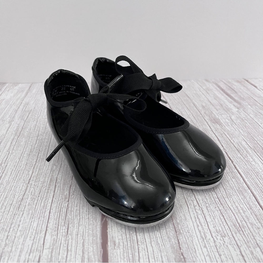 356C Capezio Shuffle Tap Shoes Black Patent Child Toddler Sz 10W Slip On No Tie